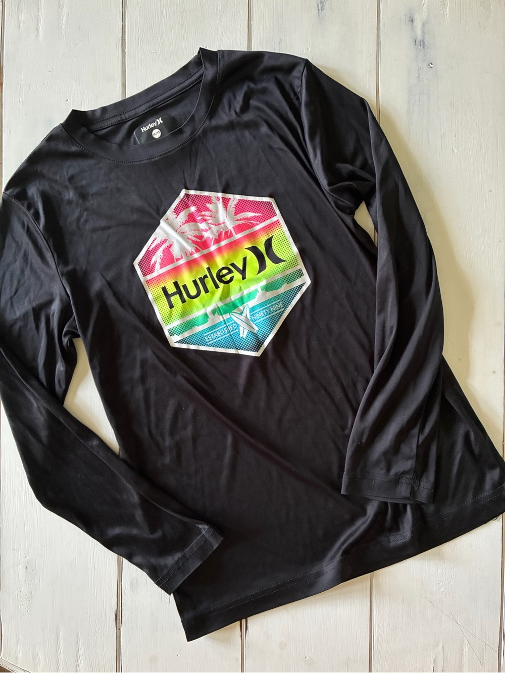 3/$10 Hurley Black Long-Sleeve UPF Rash Guard with Rainbow Sun Badge